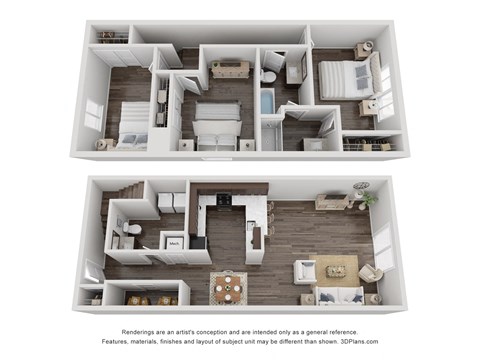 a stylized 3d floor plan with a bedroom and a living room